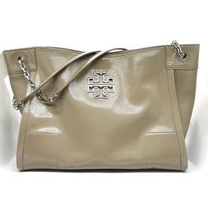Tory Burch Women’s Britten Tote Bag Purse in Patent Leather in beige grey